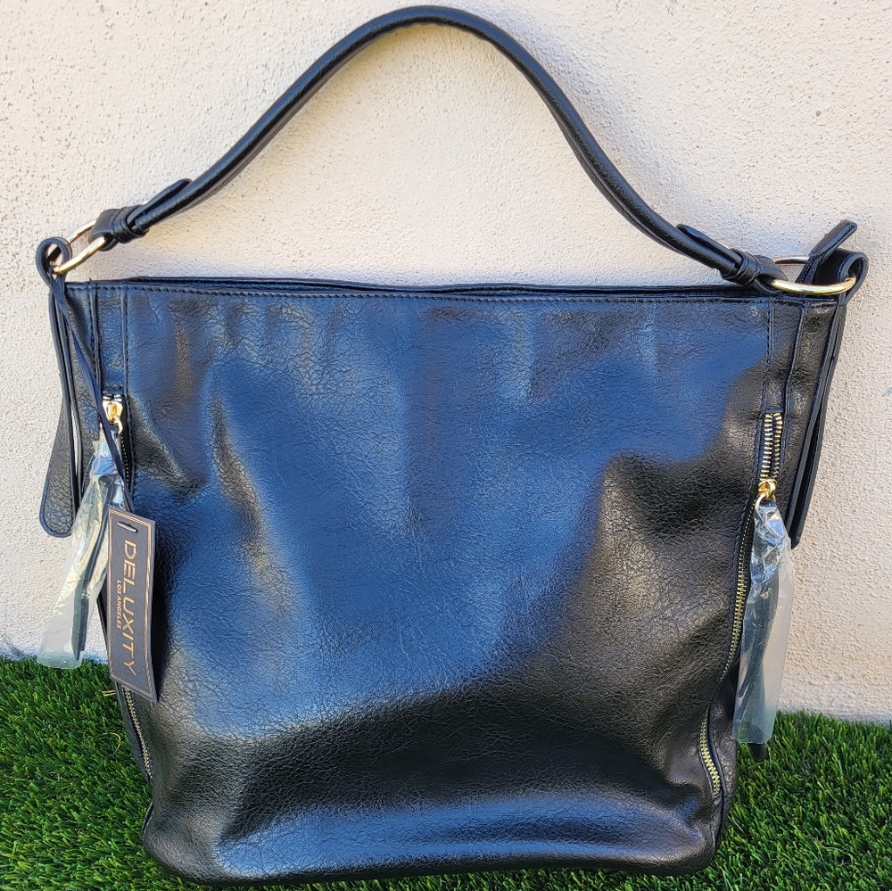 Deluxity Los Angeles Black Vegan Soft Leather Hobo Bag.  Large
